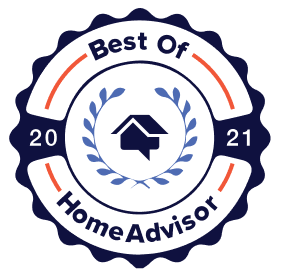 A blue and white badge that says best of home advisor