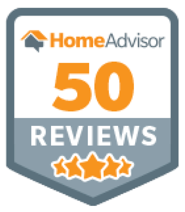 A home advisor 50 reviews badge with three stars on it.
