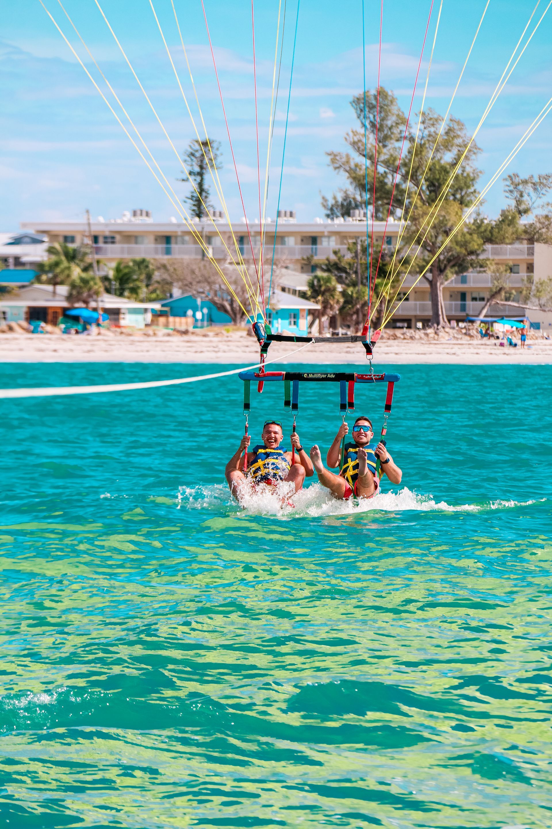 Parasailing photo package: $35 for 40-60 action photos or $45 for HD video. Beach background.