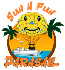 Sun N Fun Parasail logo: a yellow smiling parachute above a boat in the ocean.
