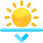 Sun setting over a blue line with a downward-pointing chevron below. Yellow, orange, and blue colors.