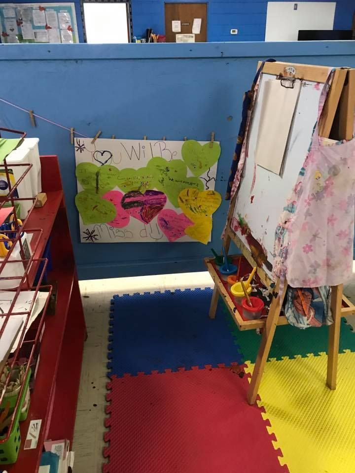 A child 's room with an easel and a drawing on the wall