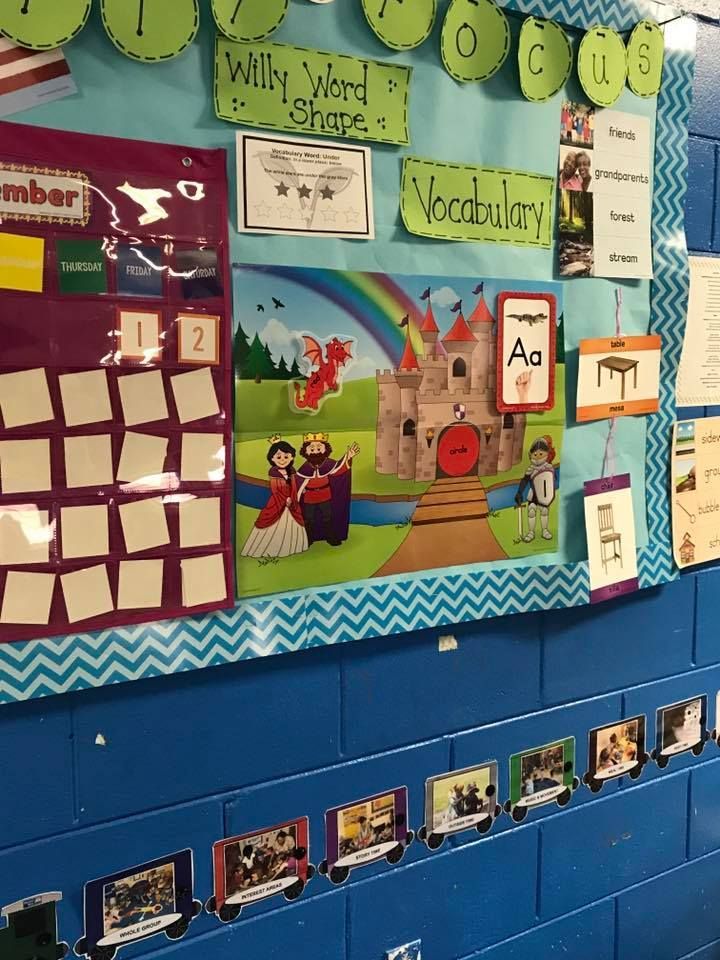 A bulletin board with a picture of a castle on it