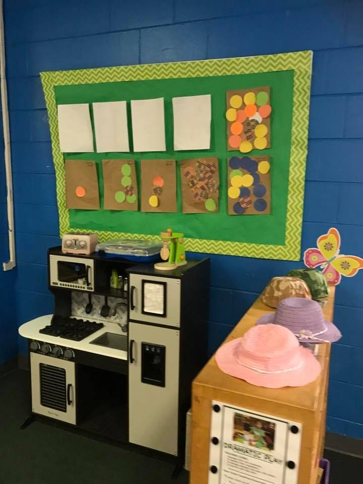 A play kitchen with a green bulletin board behind it
