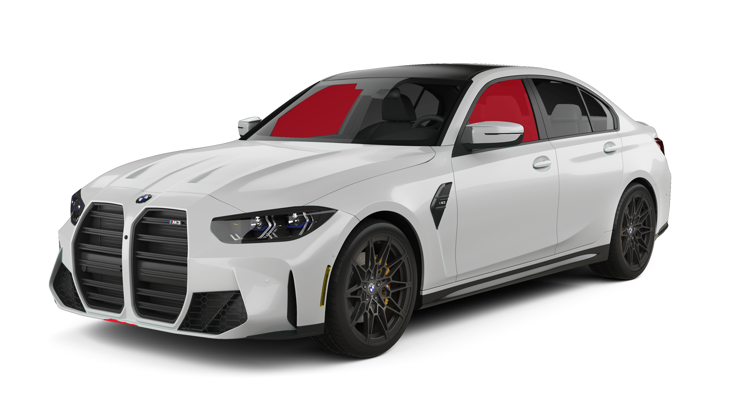 White sports sedan with red interior, shown at a front three-quarter angle on a white background