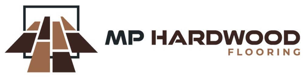 MP Hardwood Flooring logo with stylized brown wood planks and black text on a white background