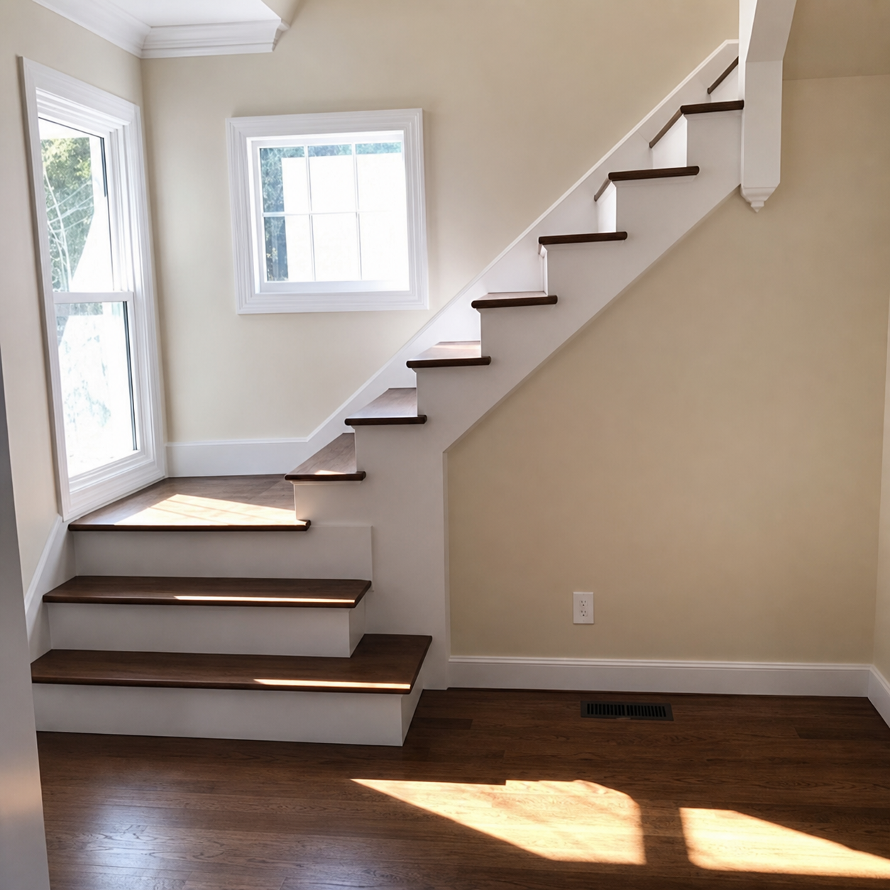 Empty room with white staircase, window, and sunlit hardwood floor