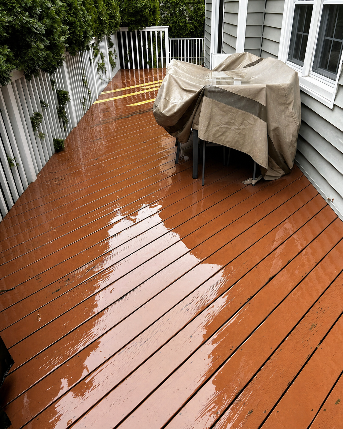 Rain-soaked wooden deck with a covered grill and white fence beside a house