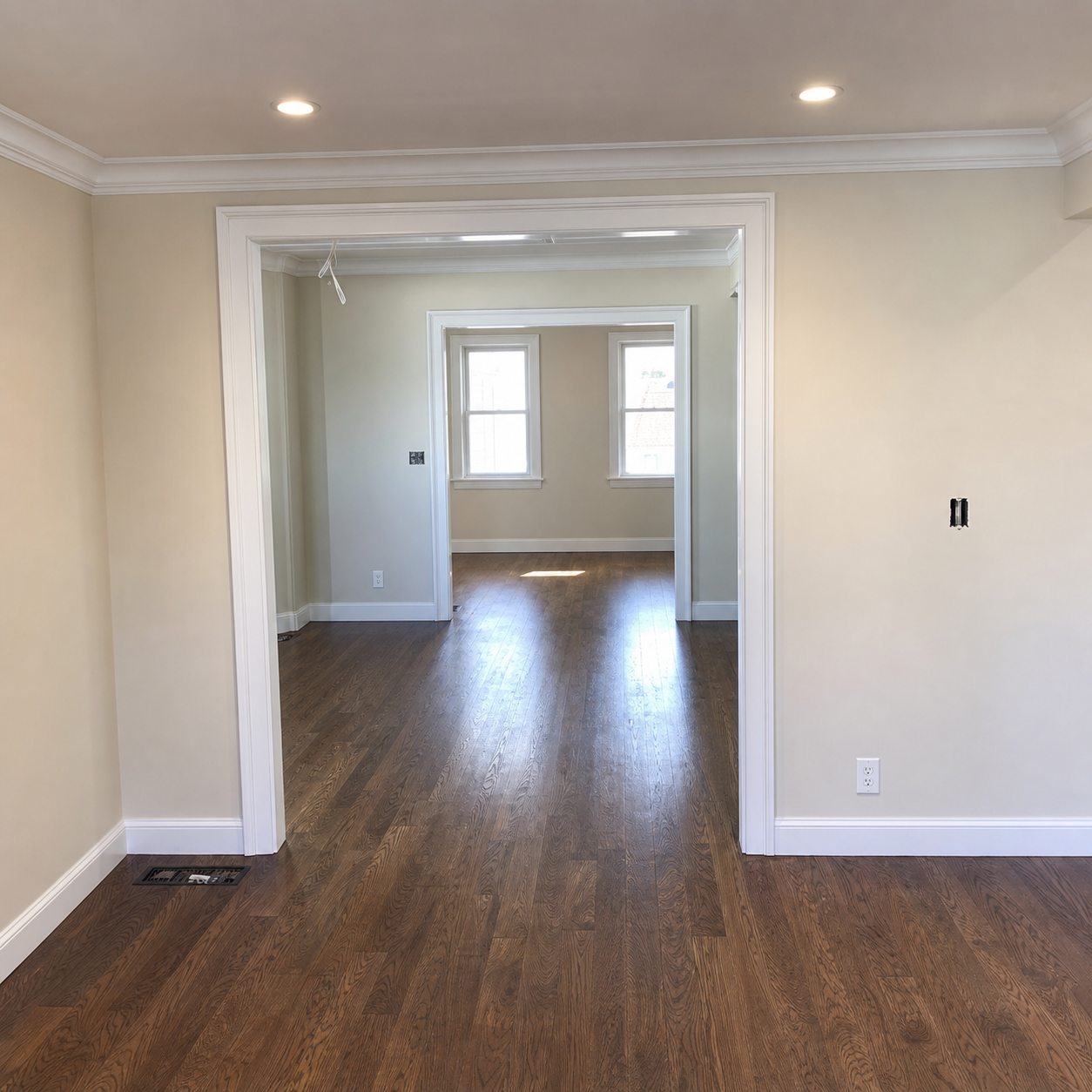 Empty beige room with hardwood floors, wide doorway, and two windows in the back.