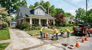 Workers repair a cracked street beside a brick house with orange cones and tools.