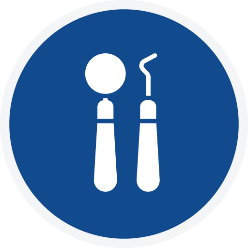 White dental mirror and pick icons on a blue circular background.