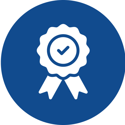 White quality seal with checkmark on blue background.