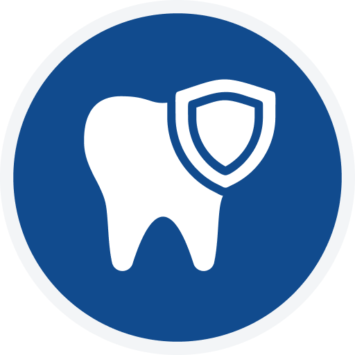 White tooth with a shield, blue circle with white border. Dental protection.