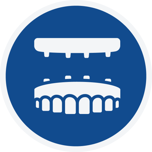Blue circle with white illustration of upper and lower dentures.