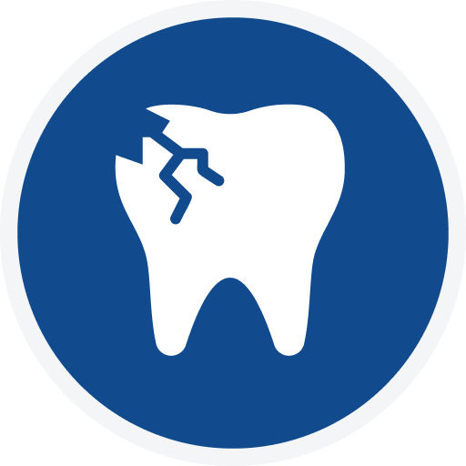 Cracked tooth icon in white against a blue circle, symbolizing dental damage.