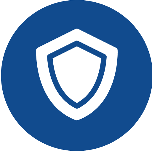 White shield icon on blue background.