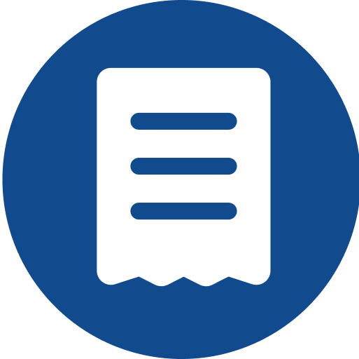 White receipt icon with lines, on a blue circle background.