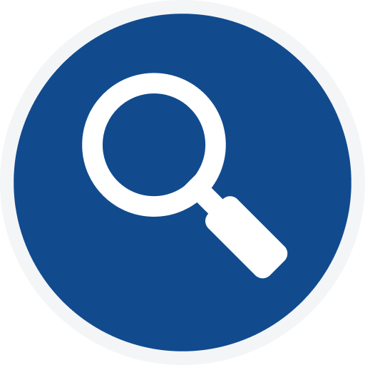 White magnifying glass icon on a blue circle.