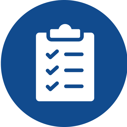 White checklist with three check marks on a blue circle background.