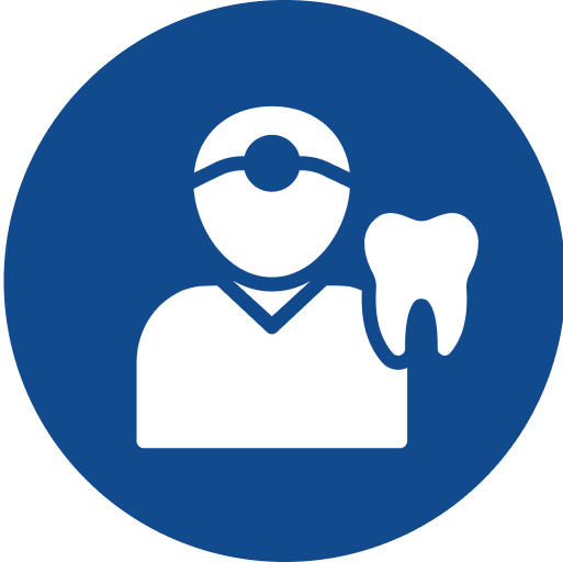 Dentist holding tooth, blue circular icon.