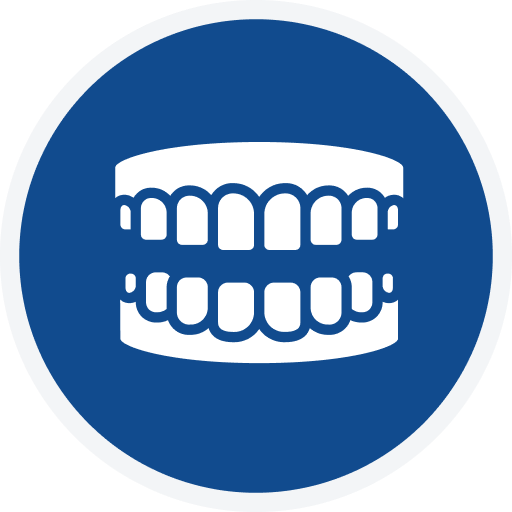 White teeth outline inside a blue circle, representing dental health.