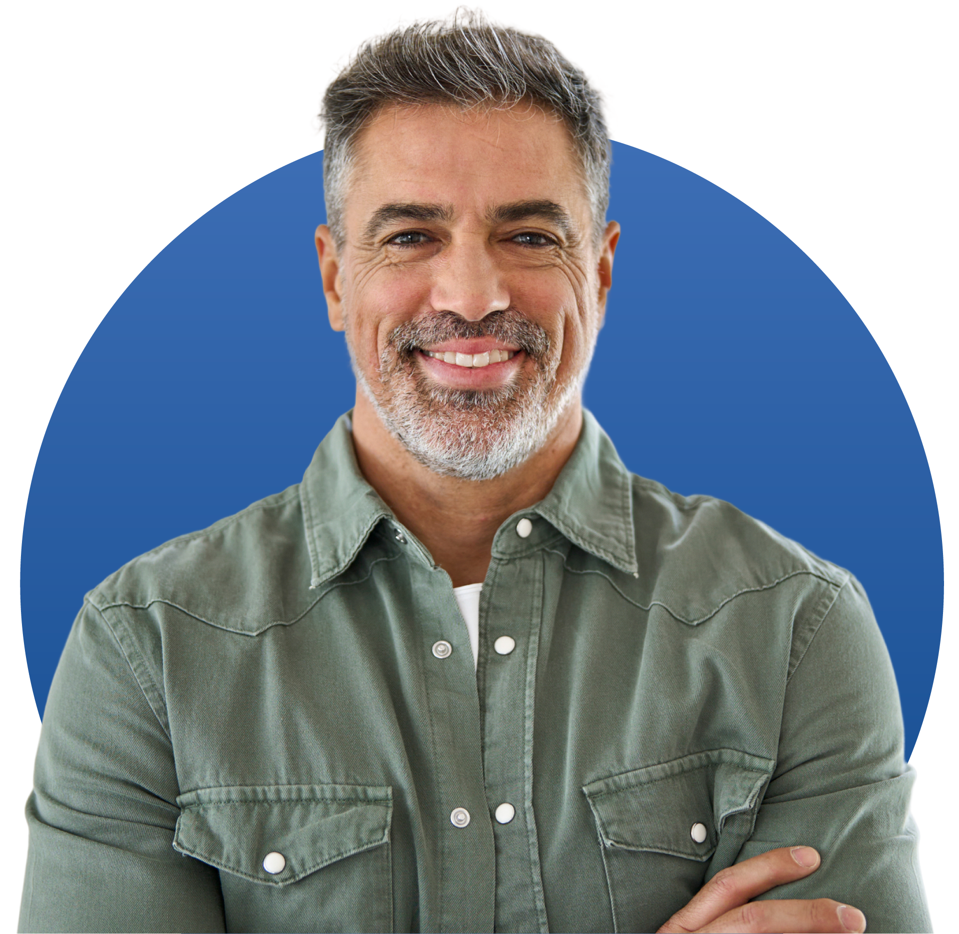 Man smiling, arms crossed, wearing a green button-down shirt against a blue background.