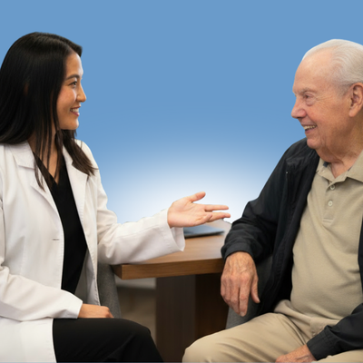 Doctor in white coat speaking with smiling older person, indoors with blue background.