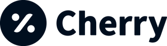 Cherry logo with a dark blue circle with white percentage symbol, beside the word