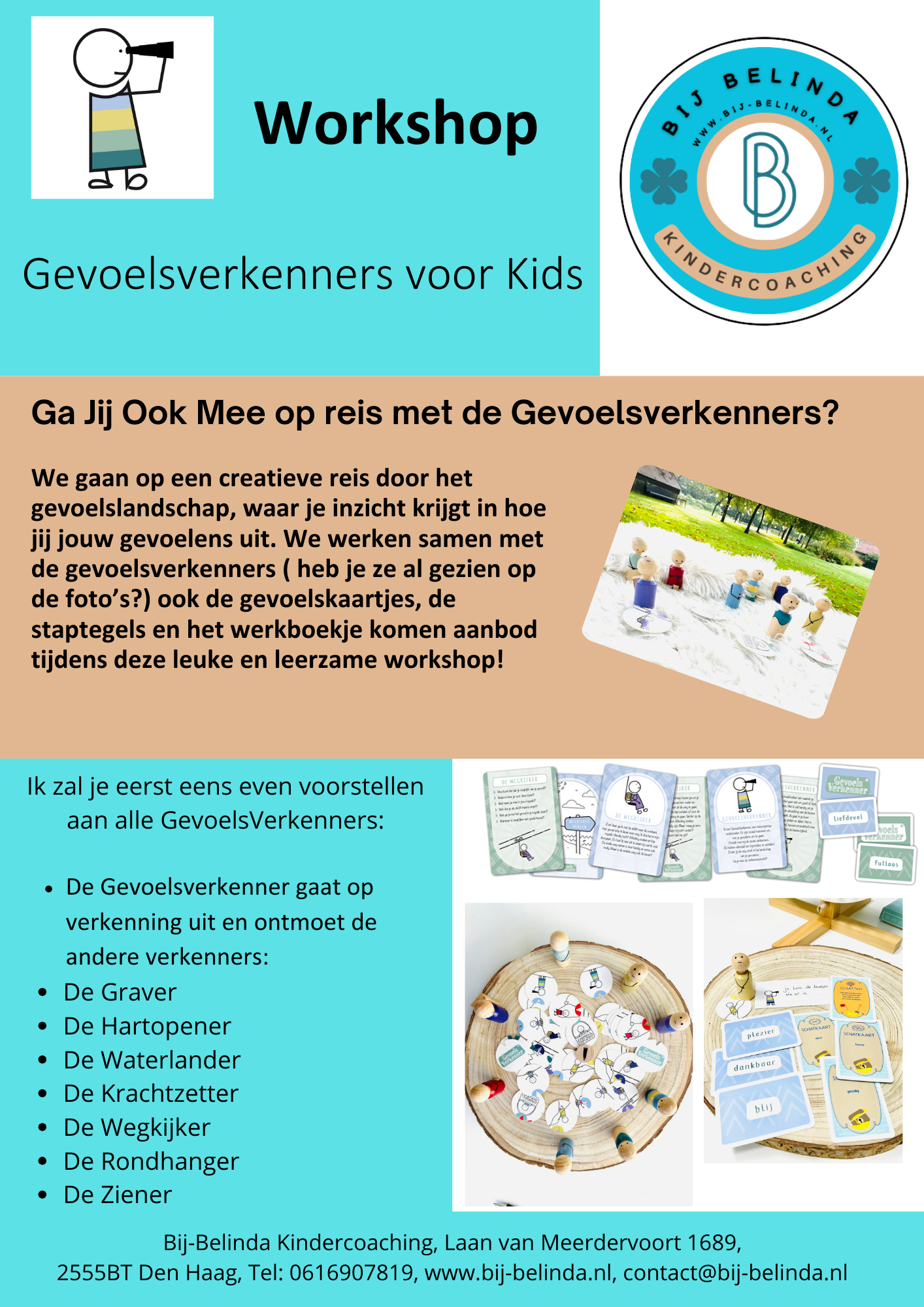 Workshopposter over “Gevóelsverkenner” voor kinderen, met kleurrijke werkbladen en logo’s op een blauwe en oranje achtergrond.