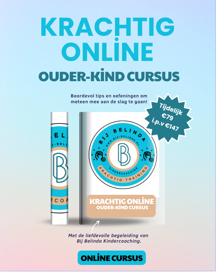 A turquoise and white graphic with text: Samen Krachtig Tegen Pesten - Ouder en Kind Cursus.