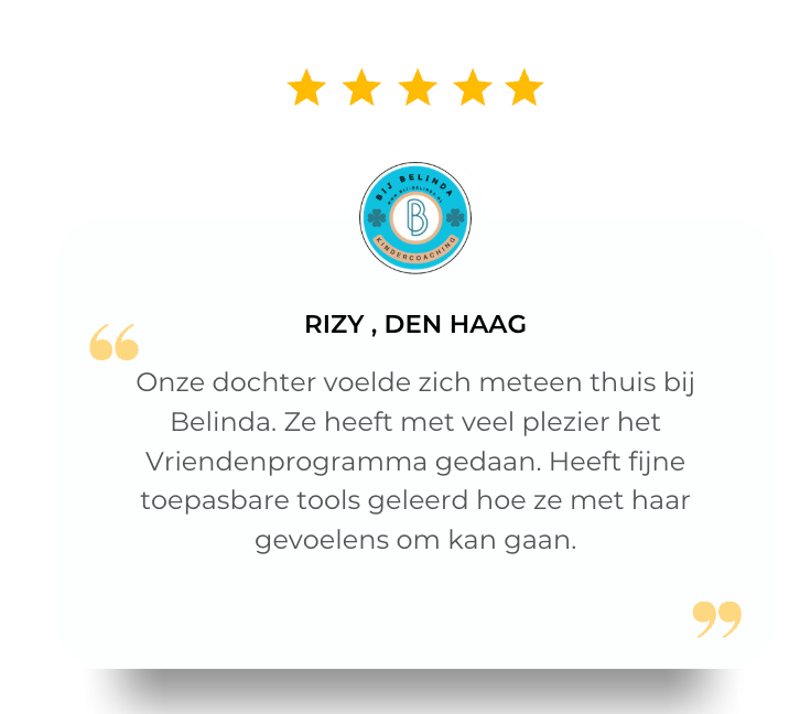 5-sterren beoordelingskaart voor RIZY, Den Haag met Nederlands citaat en logo op een witte achtergrond