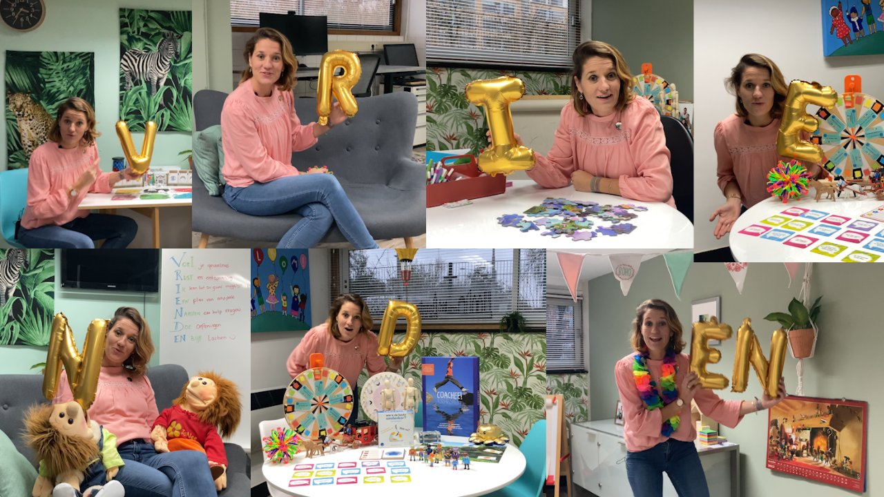 Collage van een vrouw in een roze shirt die poseert met kleurrijke scrapbookkunst en grote gouden letters in een studio.