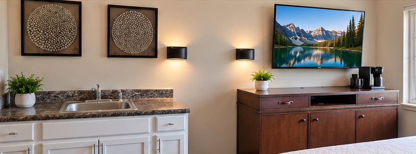 Kitchenette corner with refrigerator and microwave