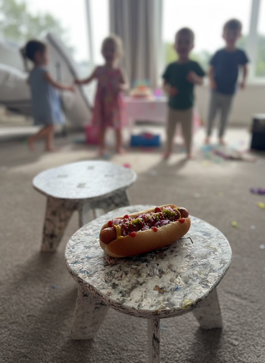 Hot dog on a stool with children playing in the background.