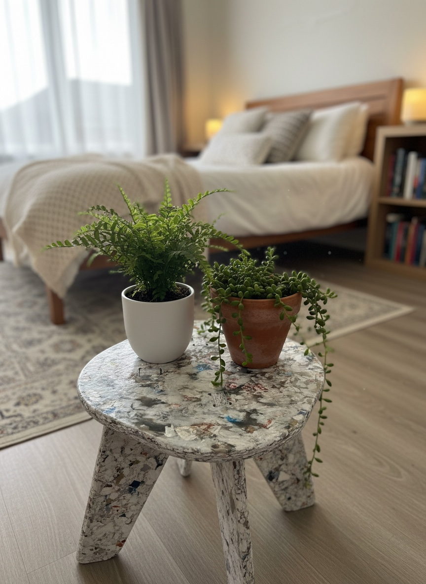 A small stool with two plants sits in a bedroom. A bed and bookshelf are in the background.