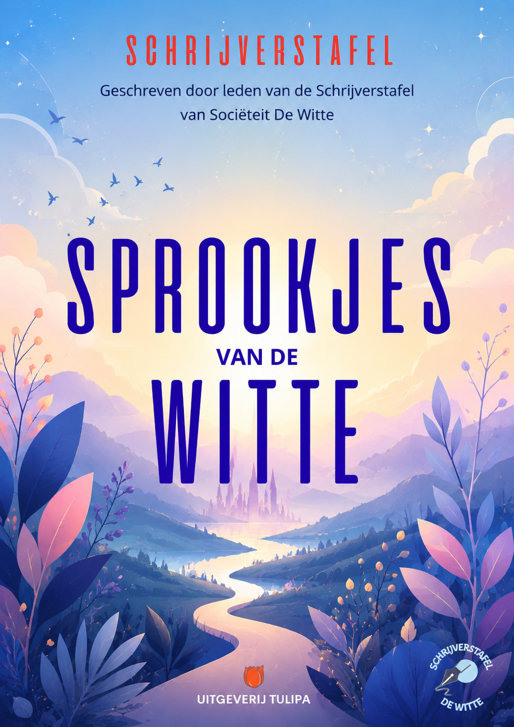 Boek cover with purple forest and birds, titled “Sprookjes van de Witte” door de Schrijverstafel