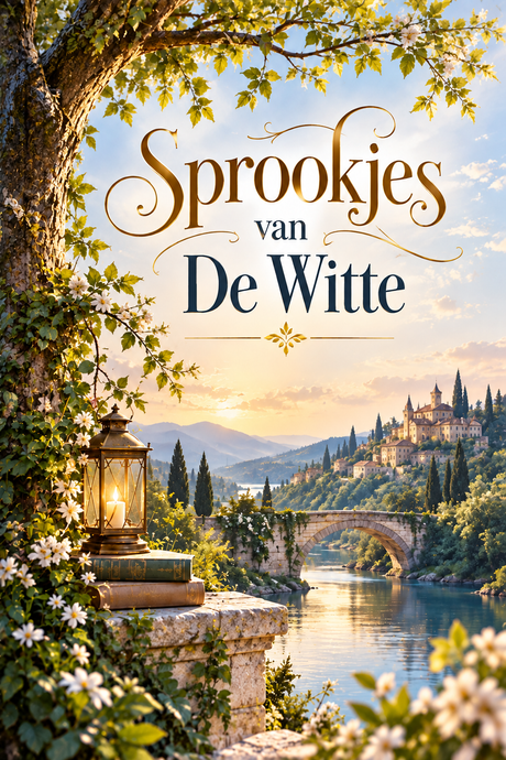 Boekomslag met een paarsblauw landschap, een zandloperillustratie en een portret op de achterkant.