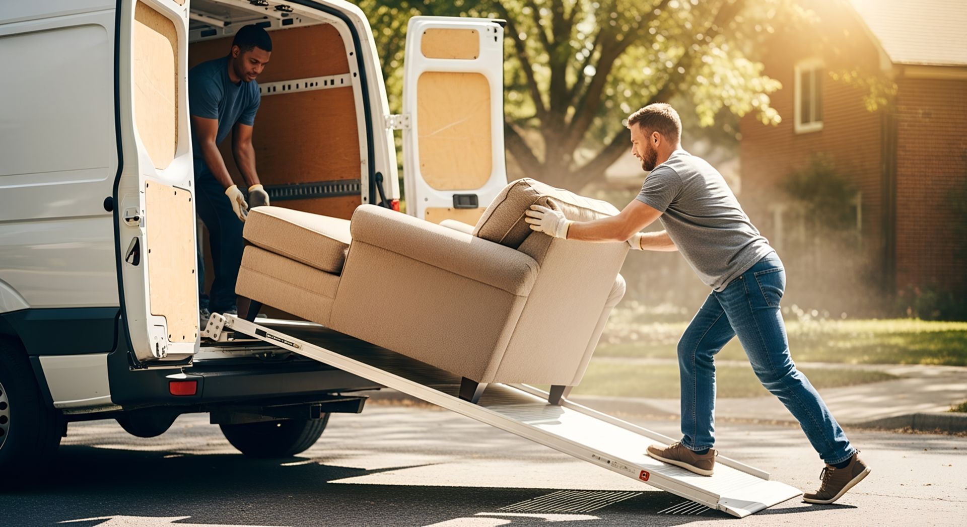 Residential moving services with professional movers loading a sofa into a moving truck. Residential moving services with professional movers loading a sofa into a moving truck.