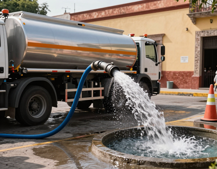 Descarga profesional de agua potable desde una pipa en Puebla