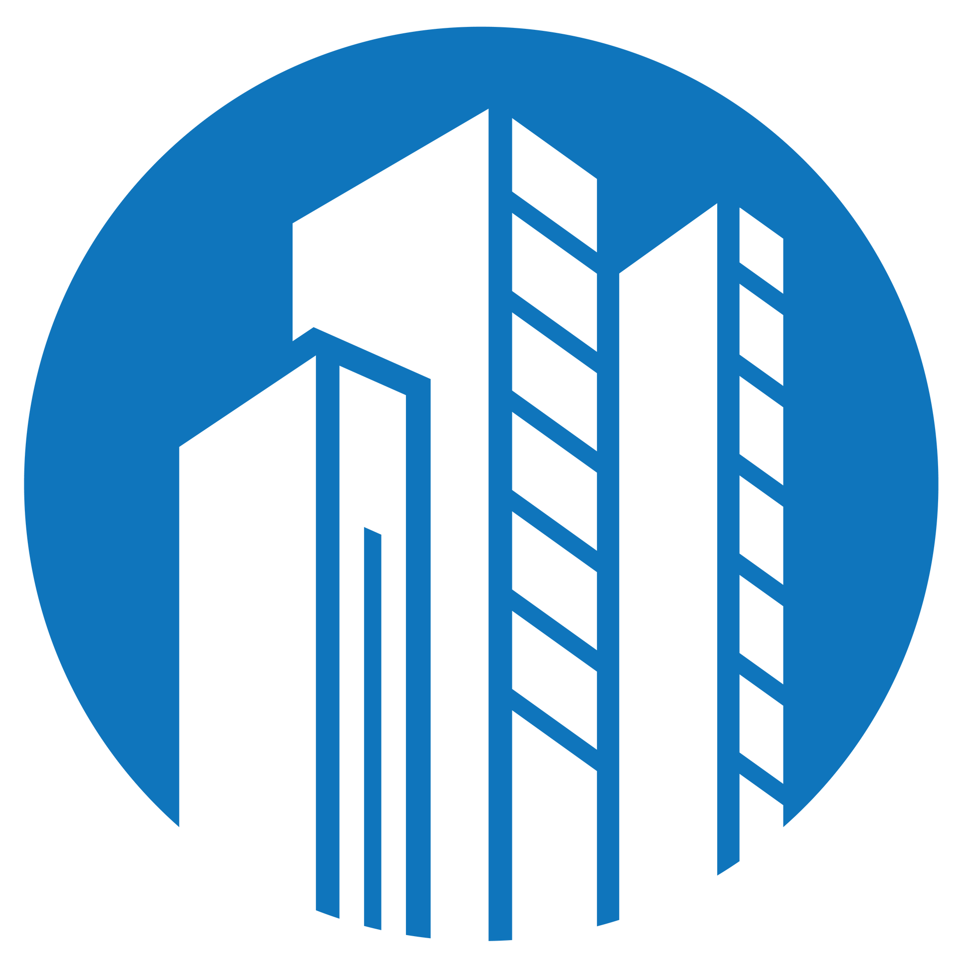 Three white skyscrapers inside a blue circle.