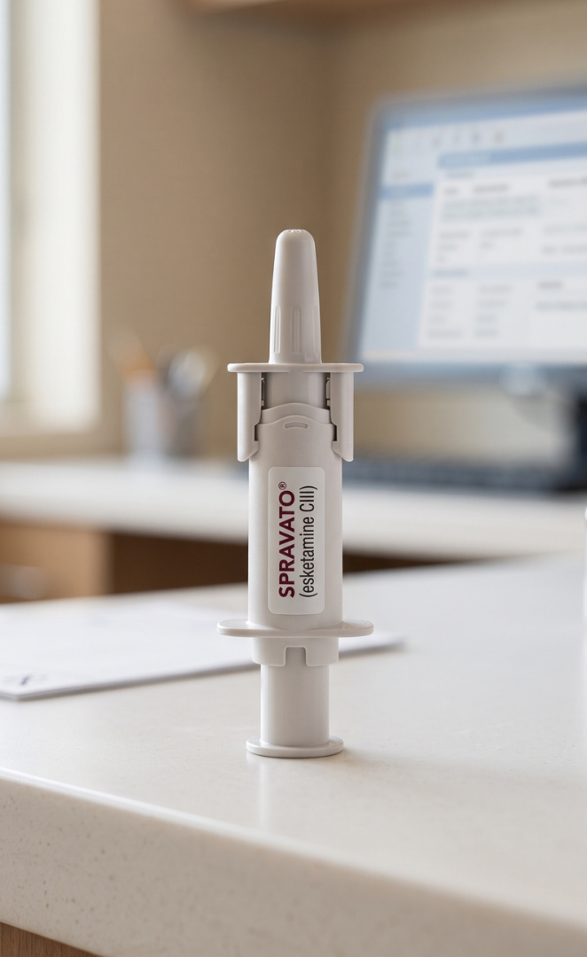 White nasal spray bottle standing on a desk with a blurred computer screen in the background