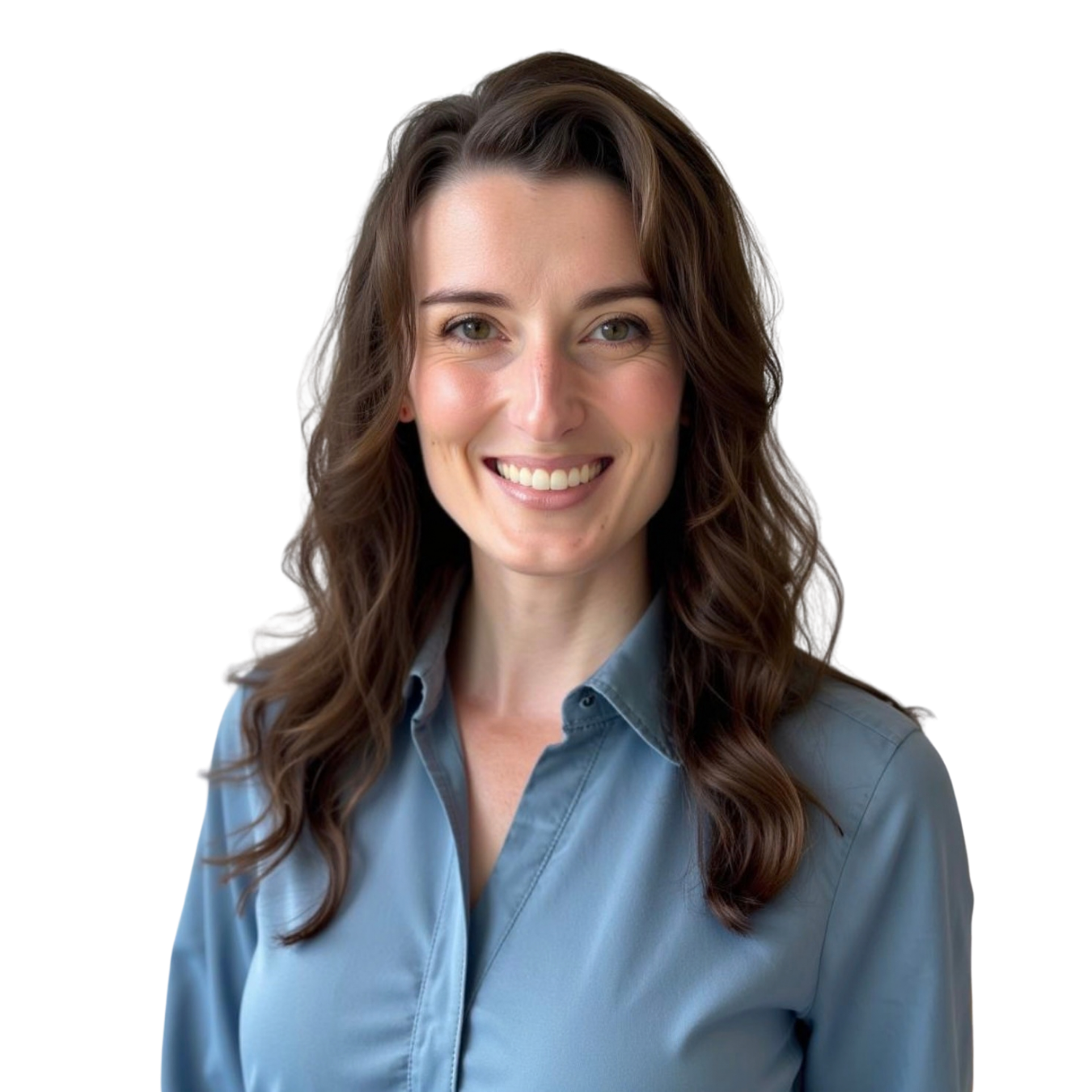 Smiling woman in a light blue shirt against a white background