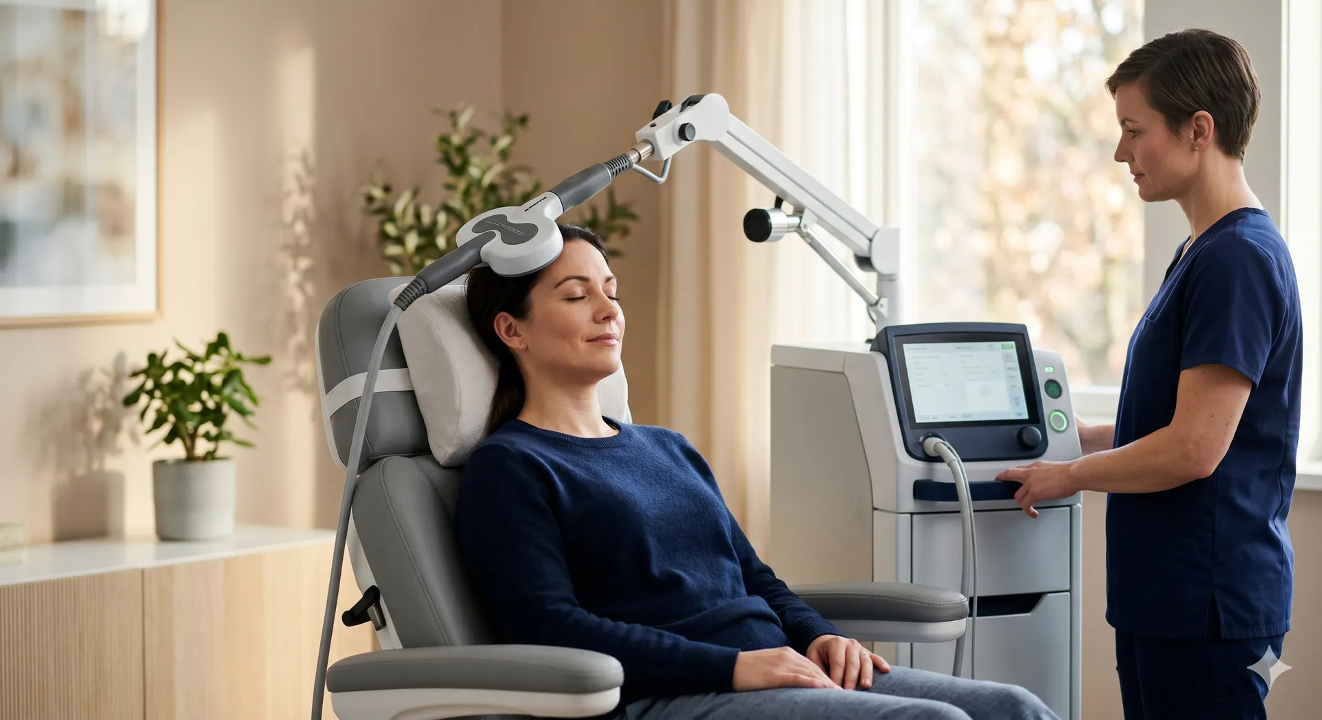 Patient receiving brain stimulation treatment while a clinician monitors a control unit in a bright clinic room