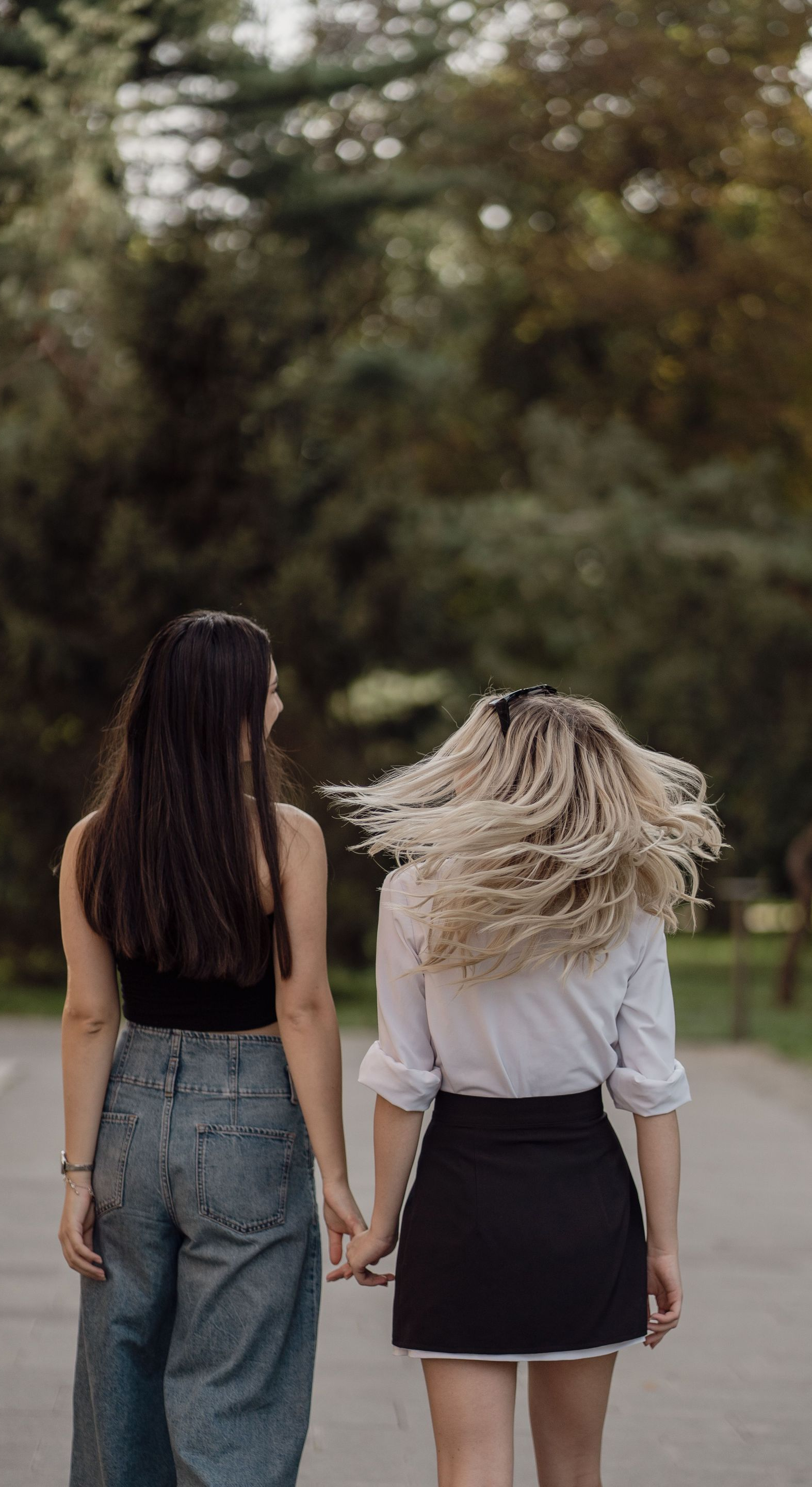 Two people holding hands and walking down a tree-lined path, seen from behind