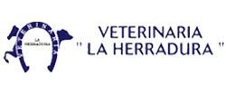 Logotipo para "Veterinaria La Herradura" con silueta de herradura y caballo.