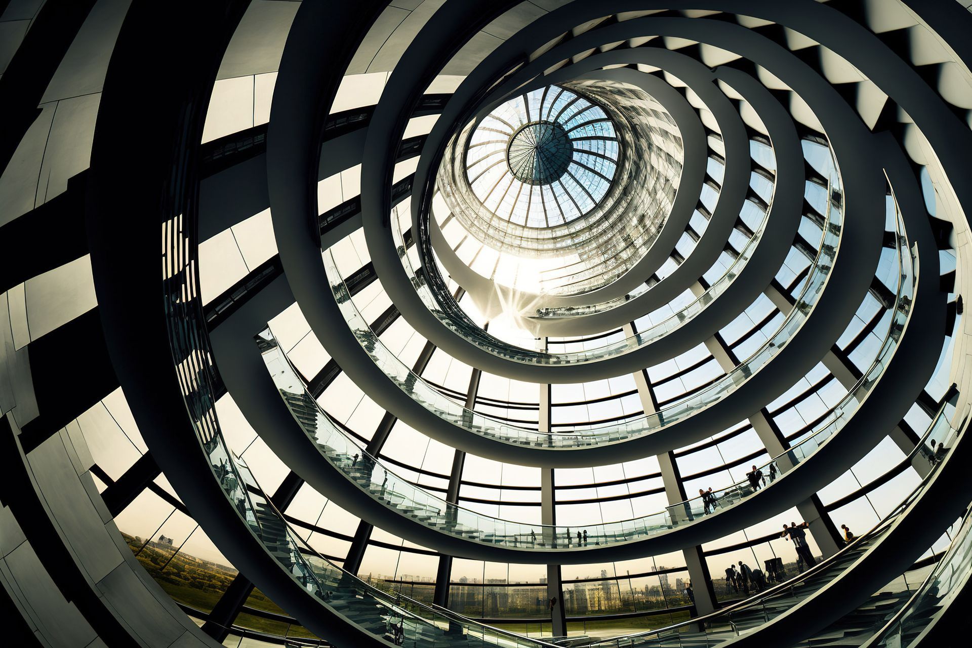 Blick nach oben in eine Wendeltreppe – Symbol für Entwicklung im Bestatterverband
