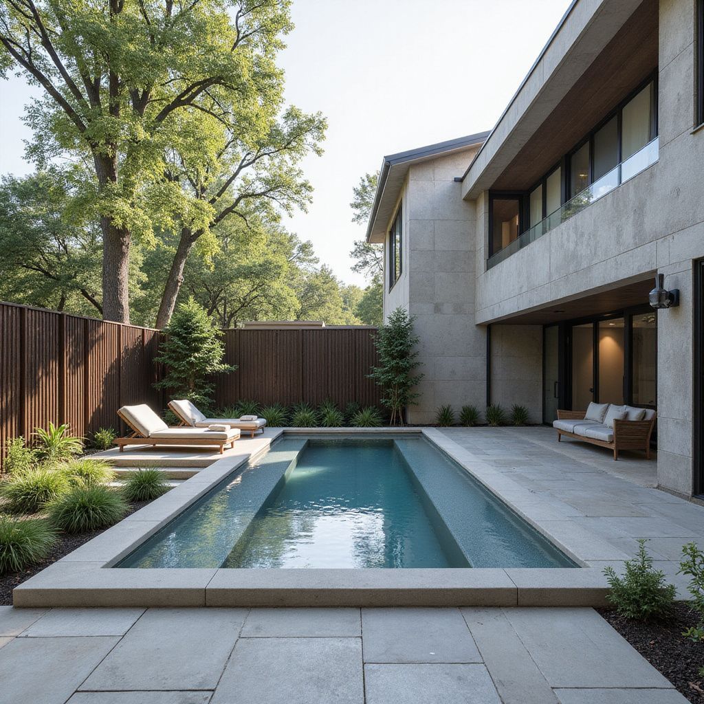 Modern backyard with rectangular pool, patio, lounge chairs, and two-story house.