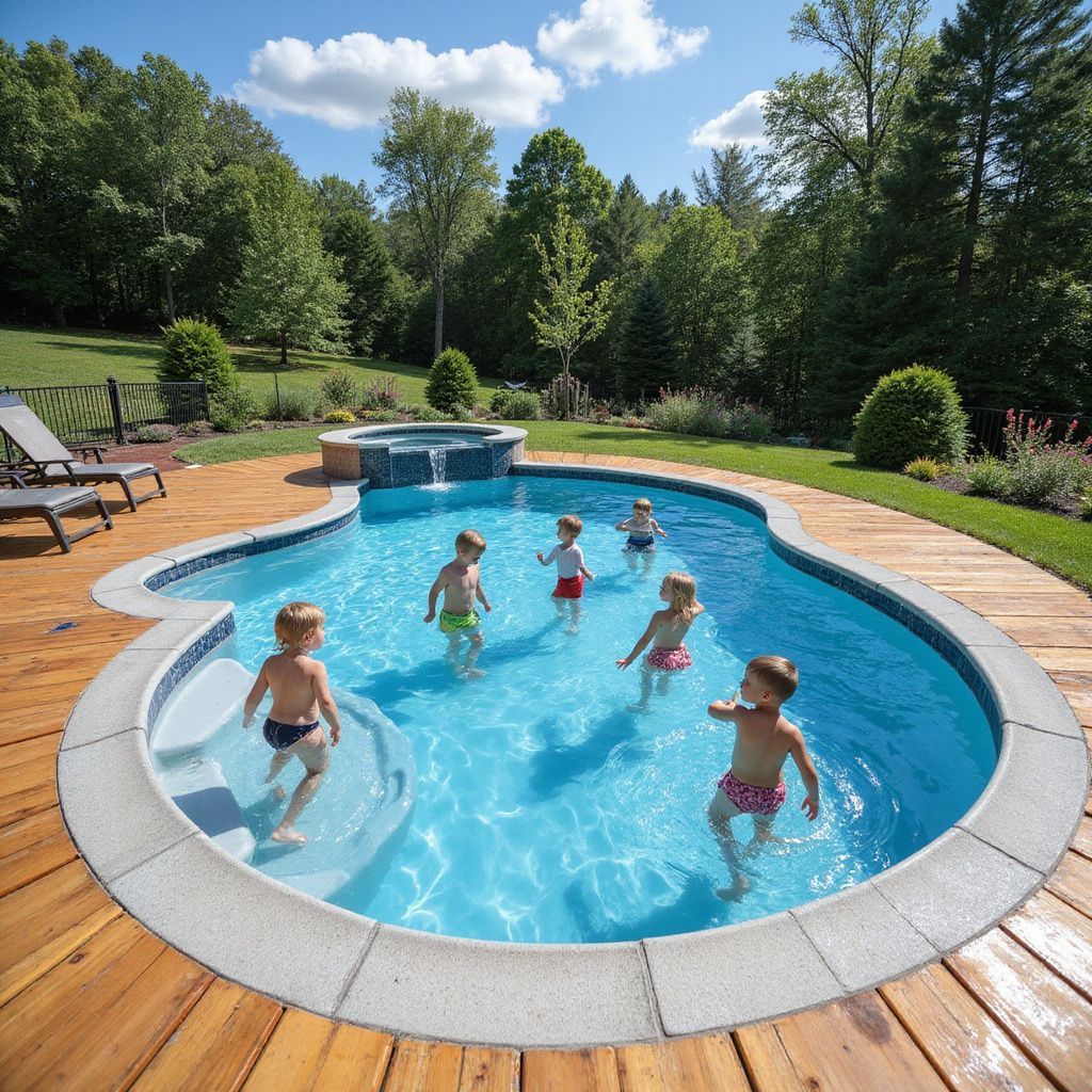 Children playing in a kidney-shaped pool. A wooden deck and trees surround the pool. Blue water and a small waterfall.