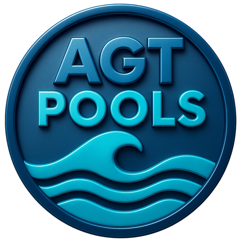 Logo for AGT Pools. Blue circle with dark border. Light blue waves at the bottom. The words “AGT POOLS” are in the center.
