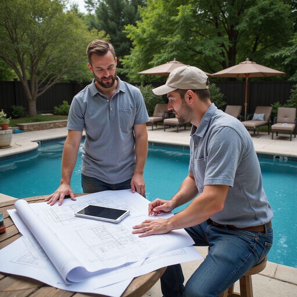 Two men reviewing blueprints by a pool, discussing plans.
